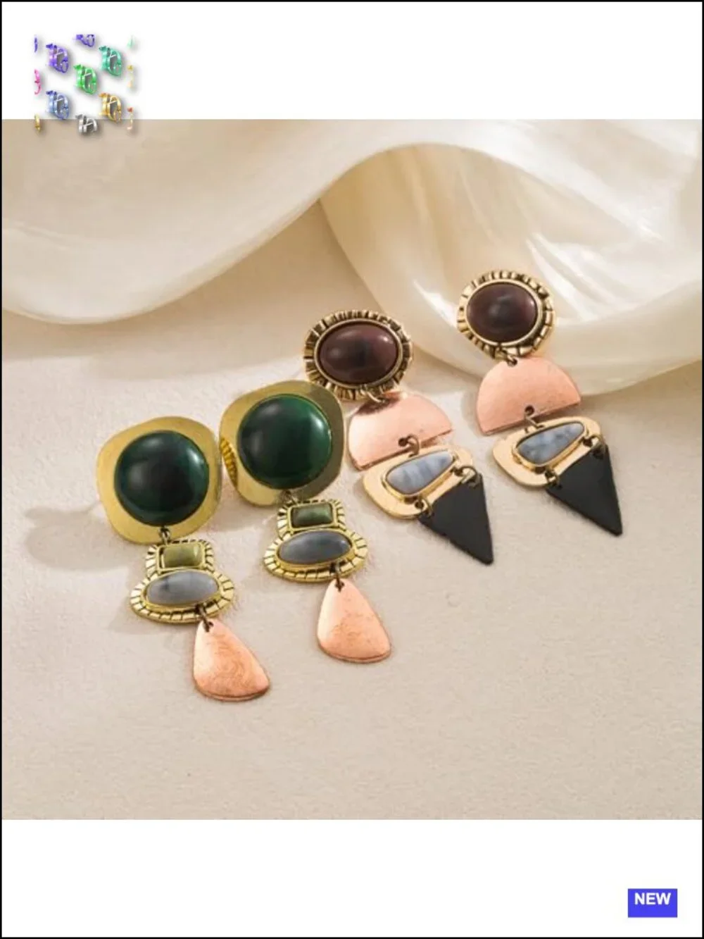 Vintage Boho Statement Dangle Earrings Antique Gold Bronze Resin Geometric Drop